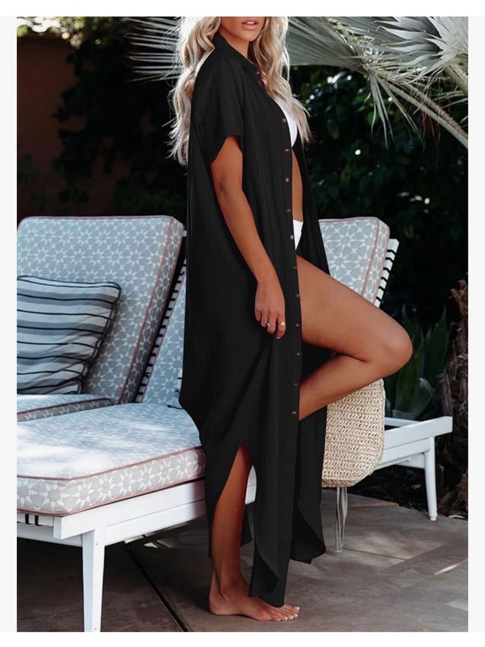Split Button Down Long Kimonos Cardigans Swimsuit Cover Up Black S-M - Picture 3 of 8
